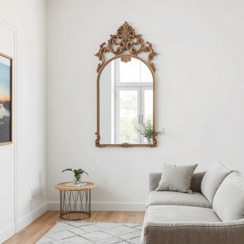 Ornate decorative wall mirror in a modern living room with soft natural light