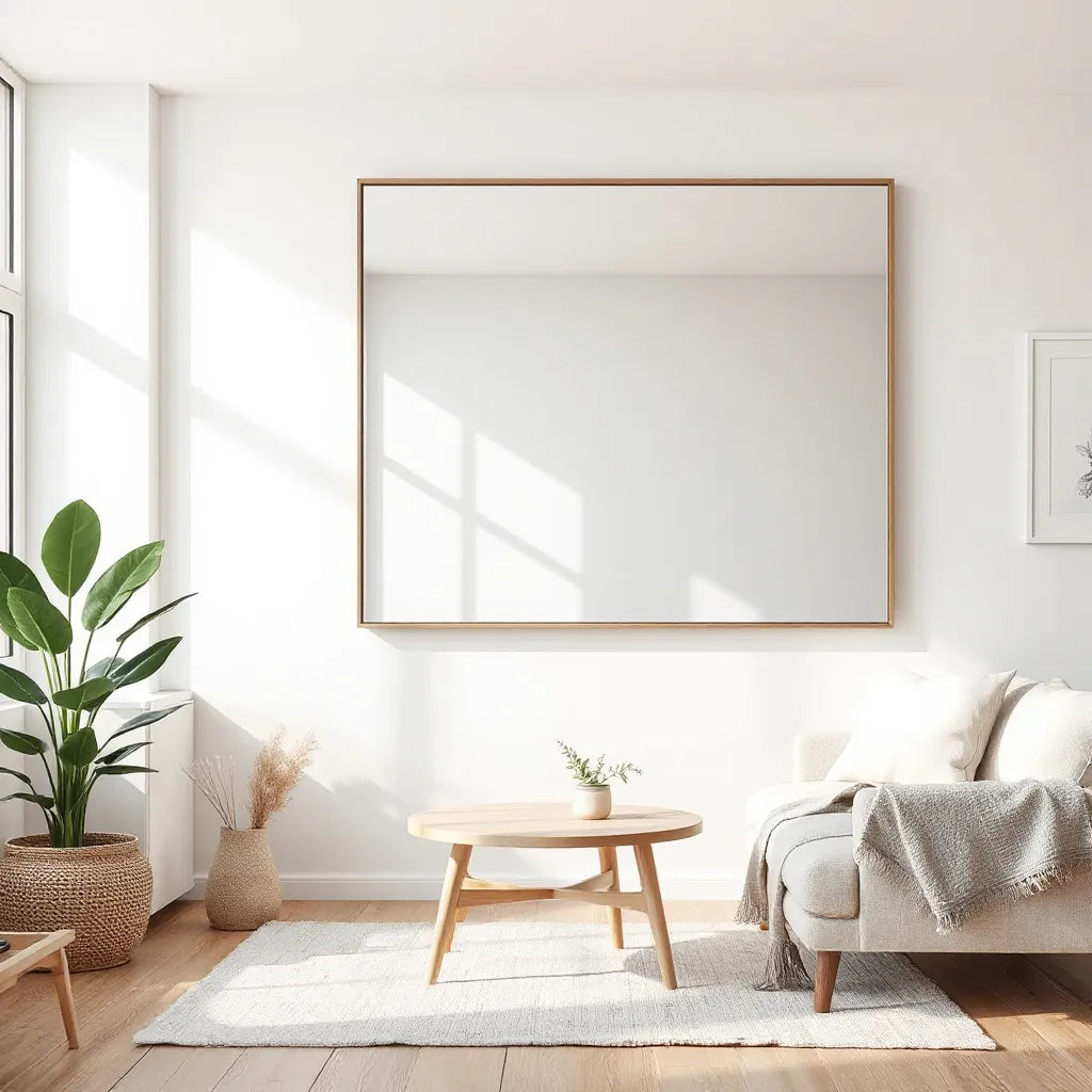 Large wall mirror with crisp reflective surface in a bright modern living room