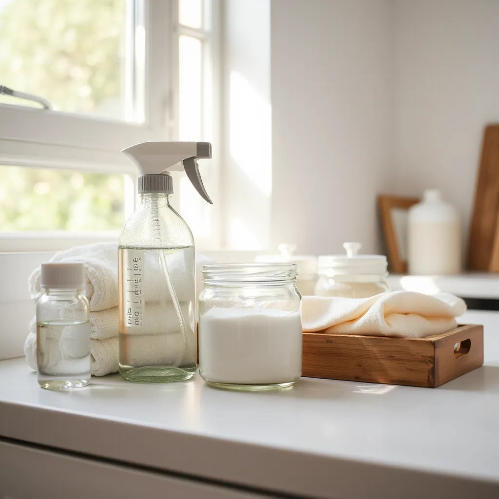 Neatly arranged eco-friendly cleaning bottles, cloths, and natural cleaning tools on a tray