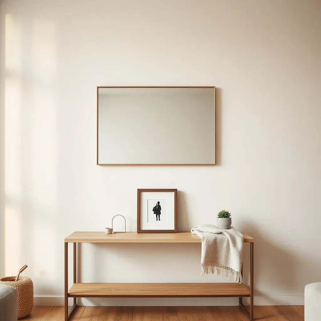 Wall-mounted mirror with an anime character silhouette design above a minimal console table