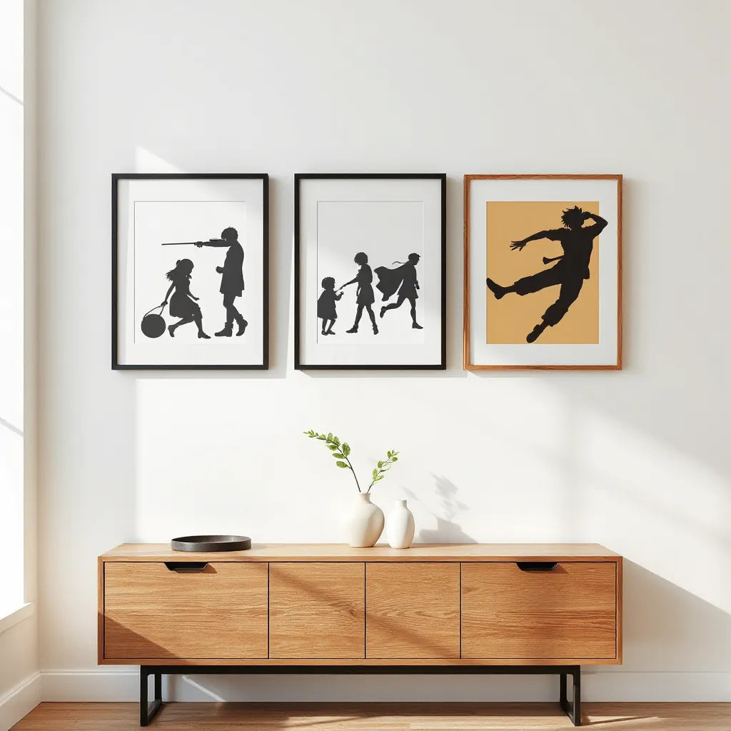 Curated gallery wall of manga-inspired framed prints in a bright modern living room