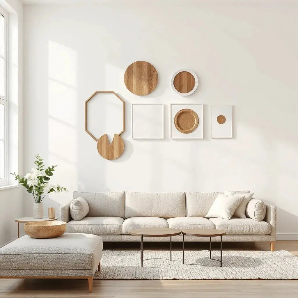 Geometric and organic custom wall decor shapes mounted on a bright living room wall