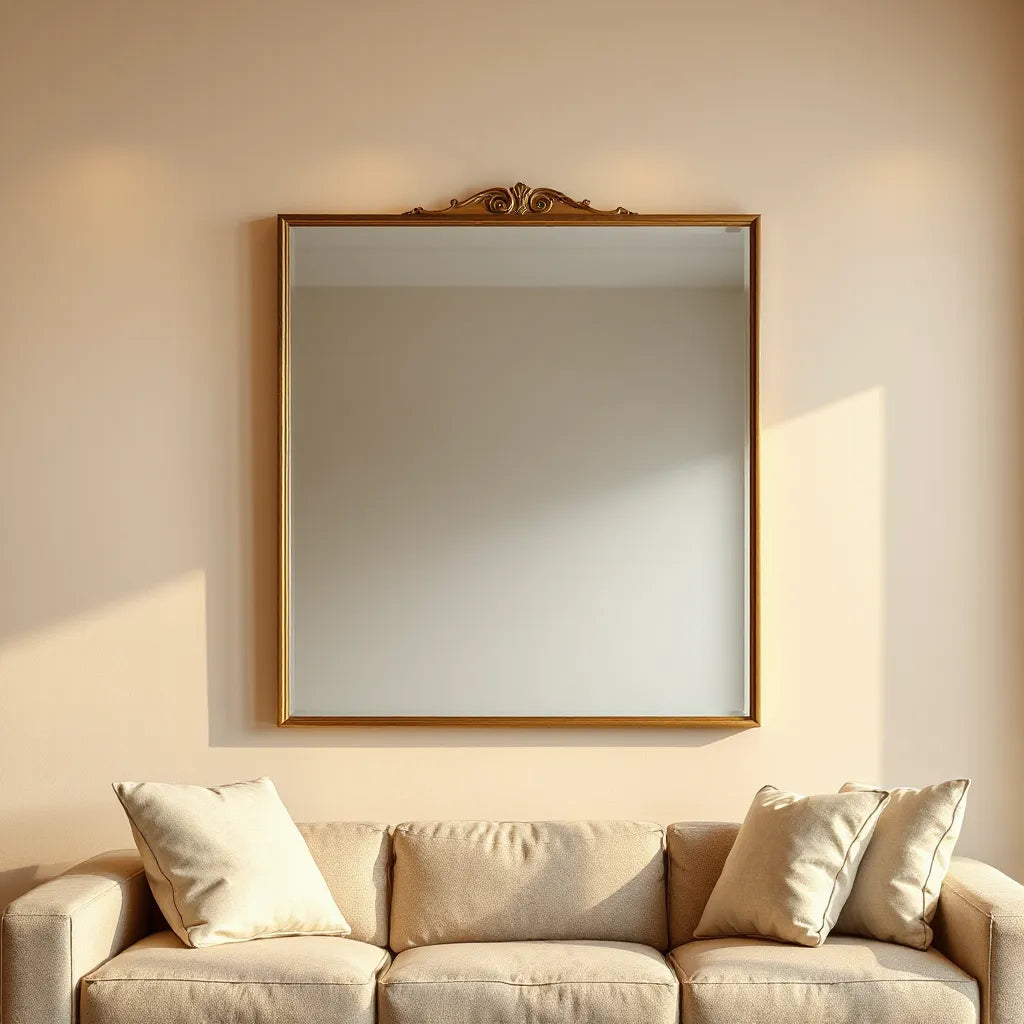 Wall-mounted shatterproof mirror with an anime-inspired frame in a modern living room