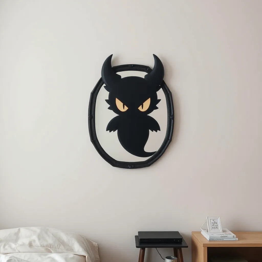 Wall-mounted anime Gengar mirror with a dark character frame in a modern bedroom corner.