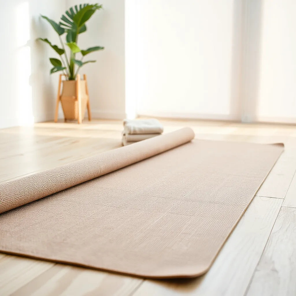 Eco-friendly yoga mat on a light wood floor with neutral accessories and a small plant in the background