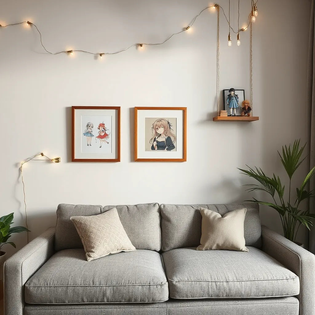 Cozy living room with subtle anime-themed wall art, figurines on a shelf, and warm decorative lighting