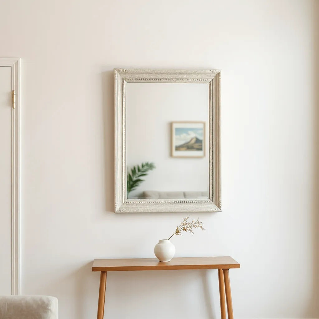 Modern living room wall mirror with a detailed inset frame above a simple console table