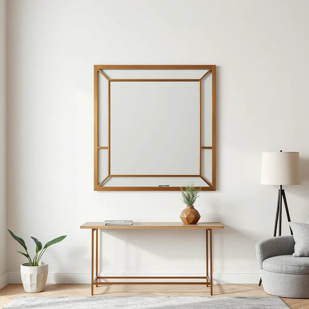 Modern living room wall mirror with a decorative cutout graphic frame and simple styling accents