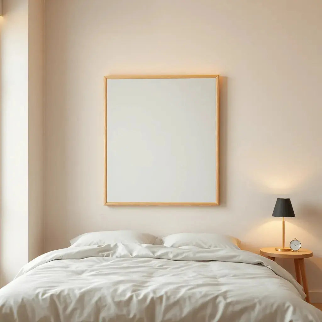 Large minimalist wall mirror with subtle anime-inspired frame in a warm, uncluttered bedroom setting