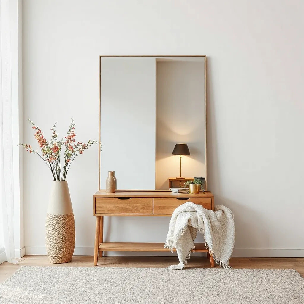 Lightweight acrylic mirror leaning in a modern living room next to a console and warm lamp.