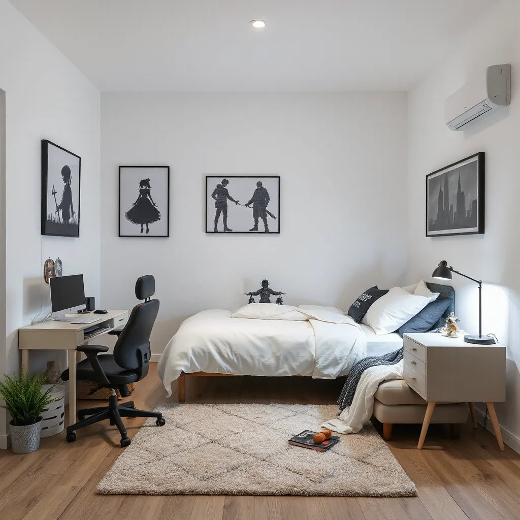 Cozy bedroom corner styled with subtle anime-inspired wall art, LED accents, and themed decor.