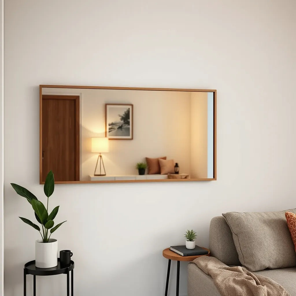 Wall mirror with subtle anime-inspired frame reflecting a modern, uncluttered living room