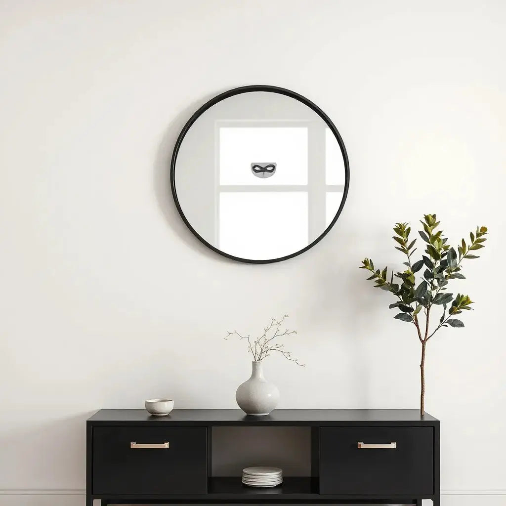 Round wall mirror with an Obito Uchiha inspired mask motif above a minimal console table