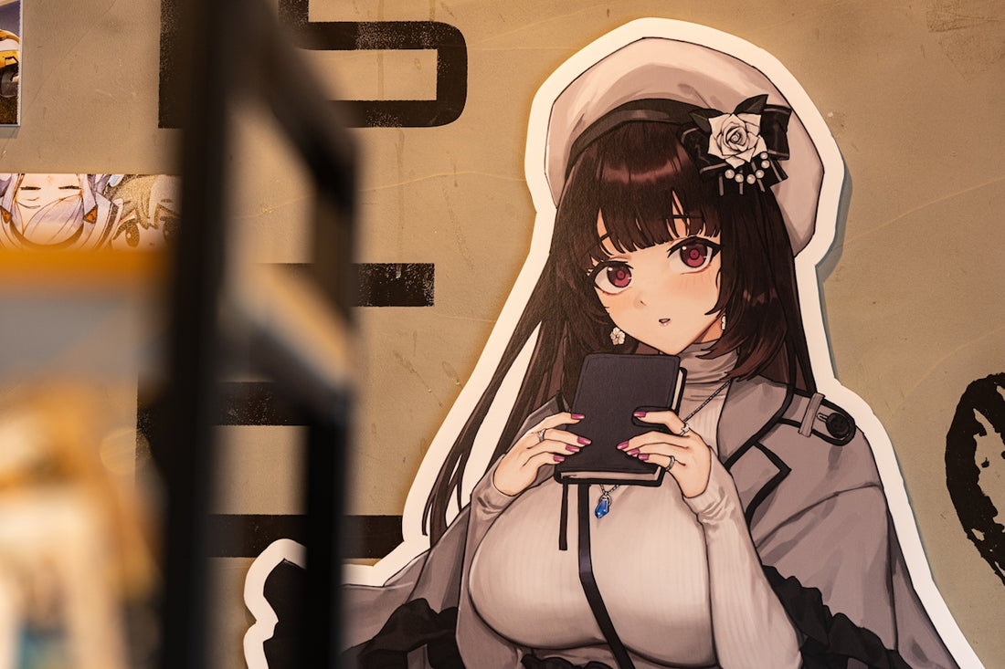 Anime girl with dark hair and beret holding book.