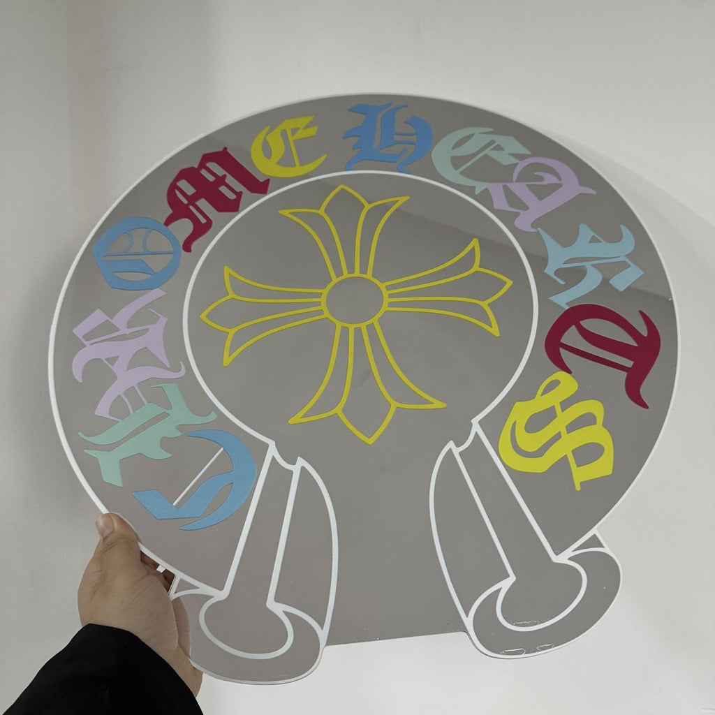 Chrome Hearts Style Logo Mirror with Multi-Color Gothic Lettering and Cross Accent