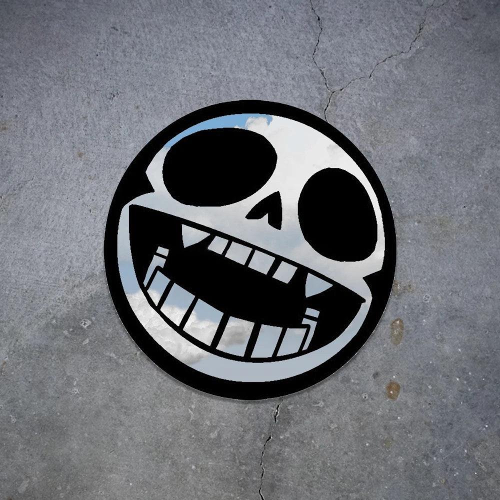 Gorillaz mascot, Bonesy, depicted as a skull symbol: Round Frameless Manga Silhouette, Gamer Room Decor - LiquidMirror