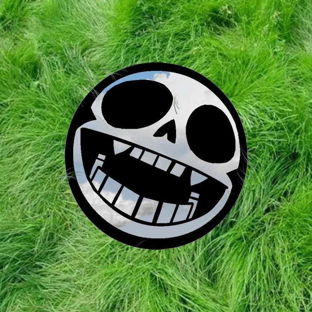 Gorillaz mascot, Bonesy, depicted as a skull symbol: Round Frameless Manga Silhouette, Gamer Room Decor - LiquidMirror