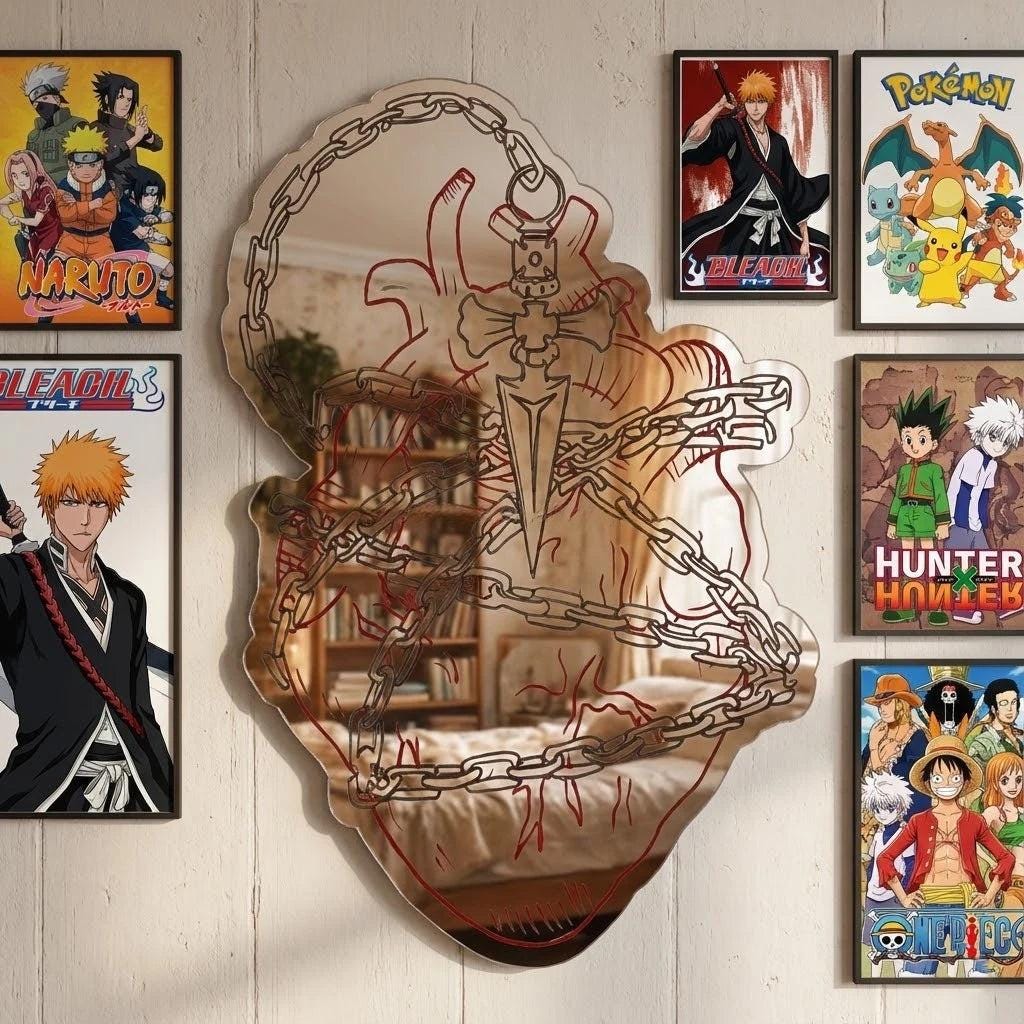 Heart & Chain Frameless Mirror - Modern Anime Room Decor - LiquidMirror